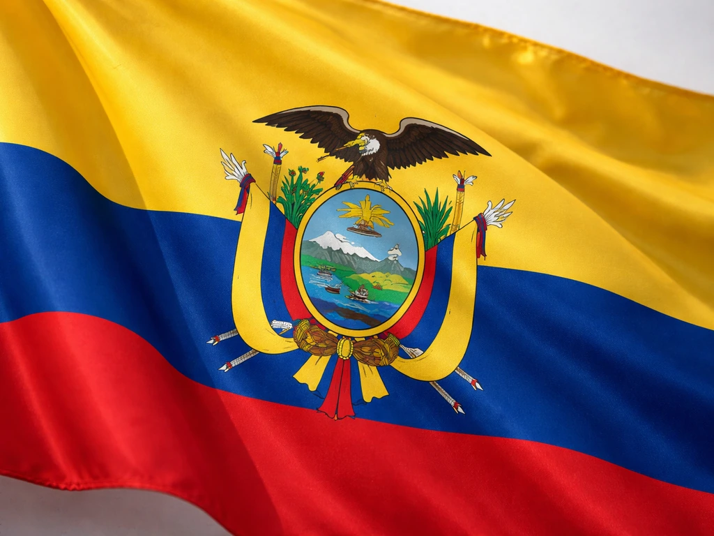 Ecuadorian flag hero shot with the coat of arms and Andean condor centered and sharply visible.