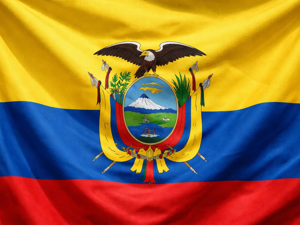 Close-up of Ecuador flag showing coat of arms and the Andean condor clearly against blue-yellow-red stripes.