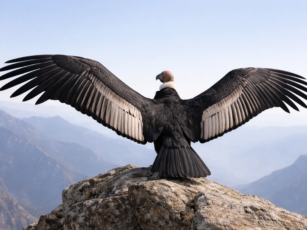 Andean condor perched on a cliff with wings fully spread against a bright mountain sky