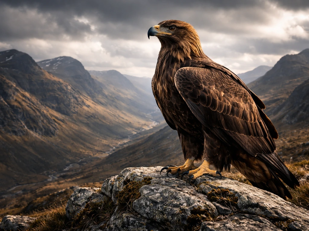 Golden eagle perched on rocky ledge with dramatic Scottish upland mountains in the background