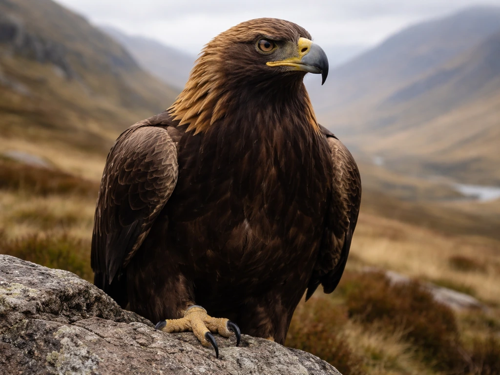 Close-up of a golden eagle perched, showing golden nape, dark body, and hooked beak.