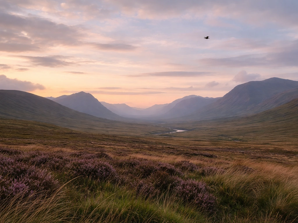 Golden eagle silhouette gliding over heather moorland and distant Highlands mountains in Scotland.