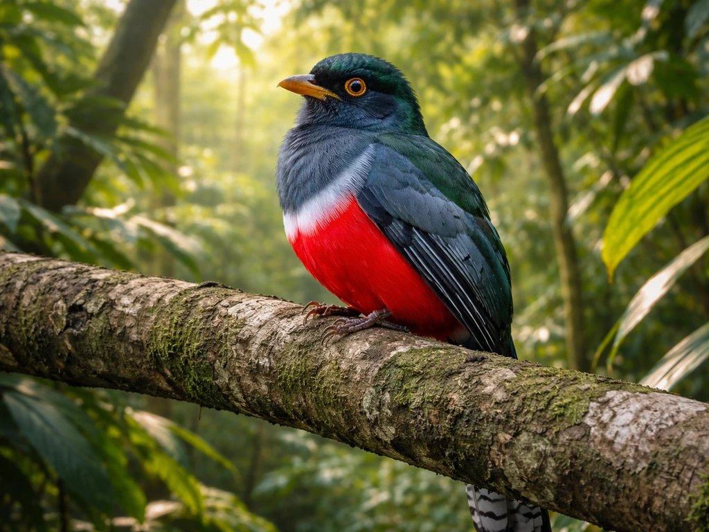 Palm chat perched on a forest branch with vivid red belly and green-blue plumage in natural light.