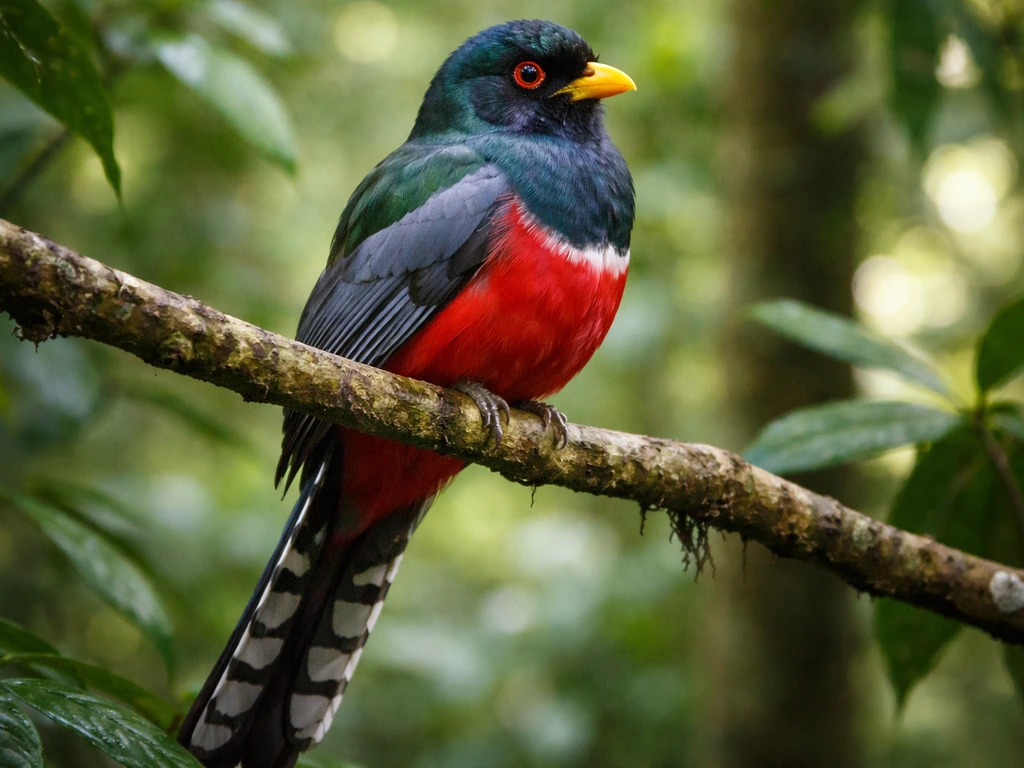 Photorealistic close-up of a Hispaniolan trogon with crimson-red belly, green-blue upper body, and long tail.