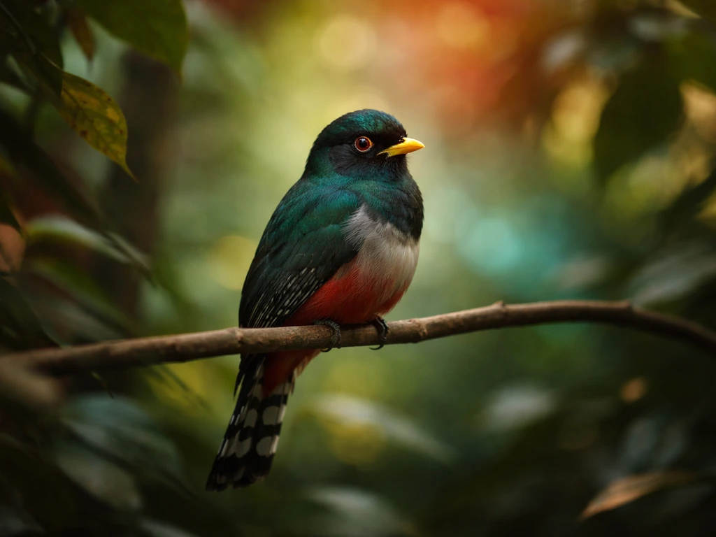Hispaniolan trogon perched on a small branch with Haiti-inspired green-blue light and lush tropical leaves