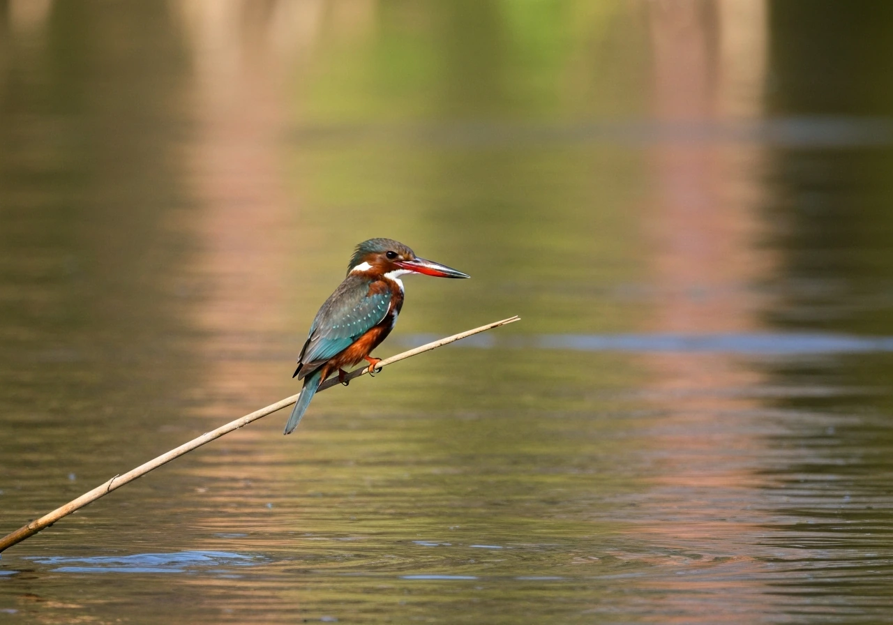 White-throated kingfisher perched on a reed beside a calm river with soft bokeh water behind it.