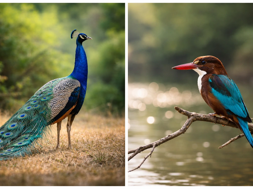 Side-by-side photo showing an Indian peafowl and a white-throated kingfisher on simple natural backgrounds.