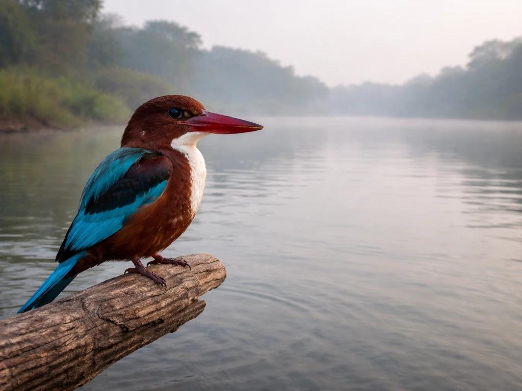 White-throated kingfisher perched on a branch above a calm West Bengal river with greenery and morning mist.