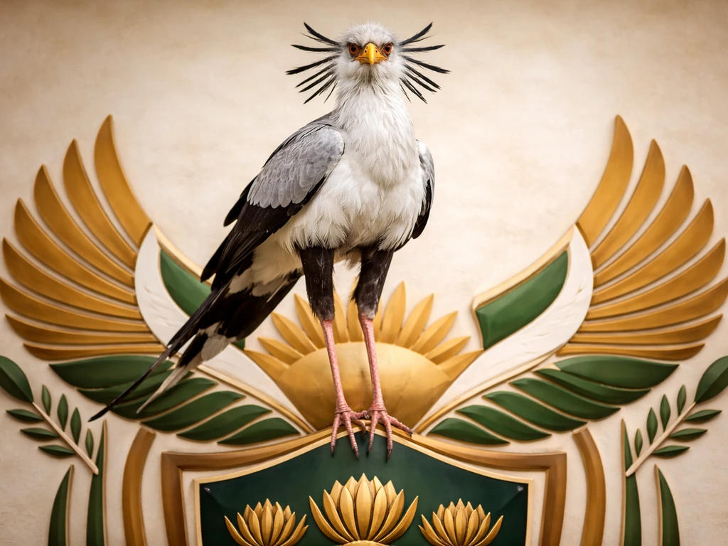 Secretary bird perched above a detailed coat of arms-style emblem background in South Africa colors and textures.