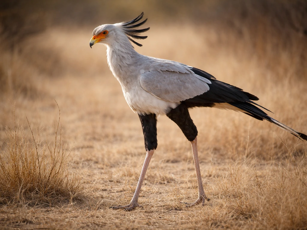 Close-up secretary bird standing on dry savanna grass, long legs and dark flight feathers visible.