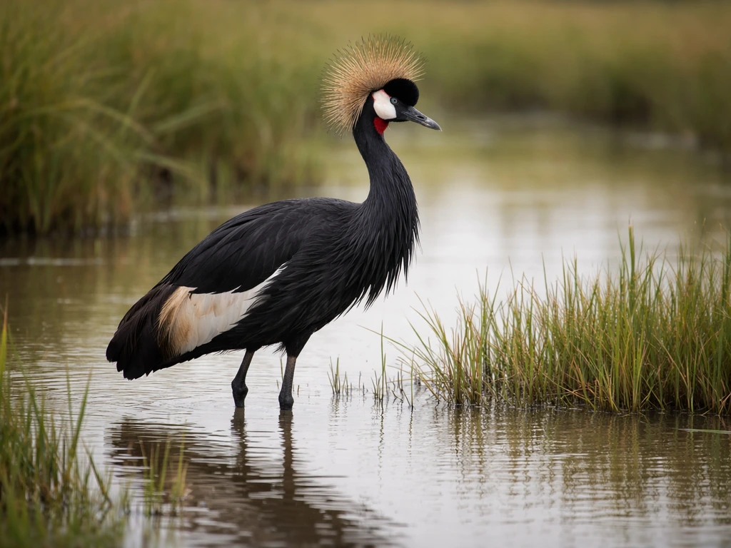 A black crowned crane standing in a wetland grass patch near water, with its crown visible in soft natural light.