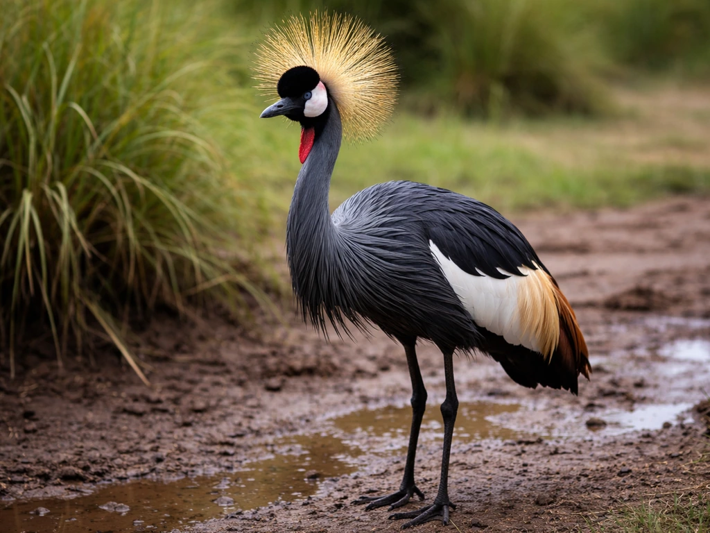 Black crowned crane standing near tall grass, crisp photo highlighting Nigeria’s national bird context