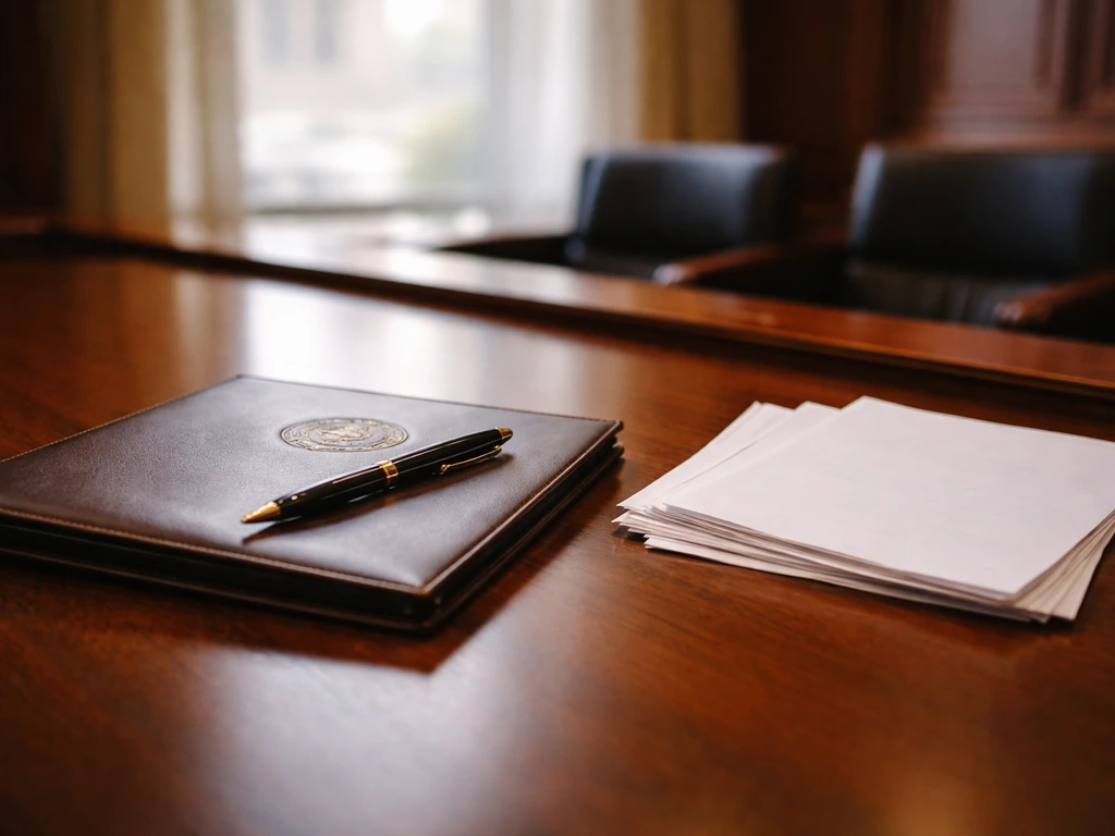 Close-up of an anonymous legislative desk with a folder and pen, papers neatly arranged under natural light.