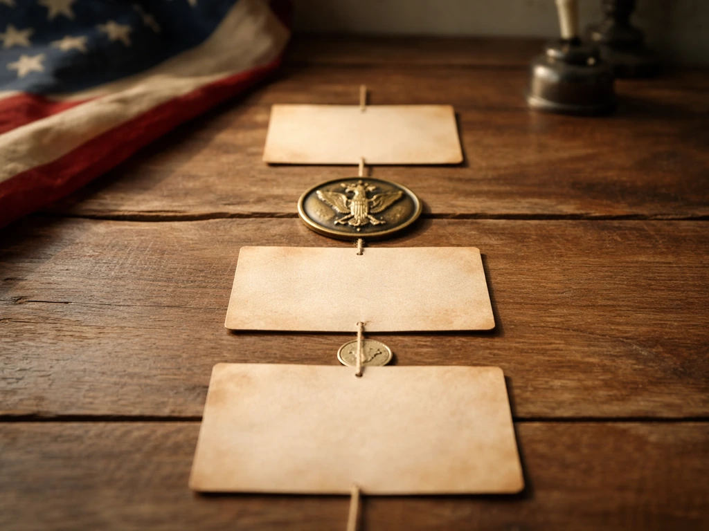 Minimal tabletop timeline with blank parchment cards, twine, and an embossed eagle emblem symbolizing key dates.