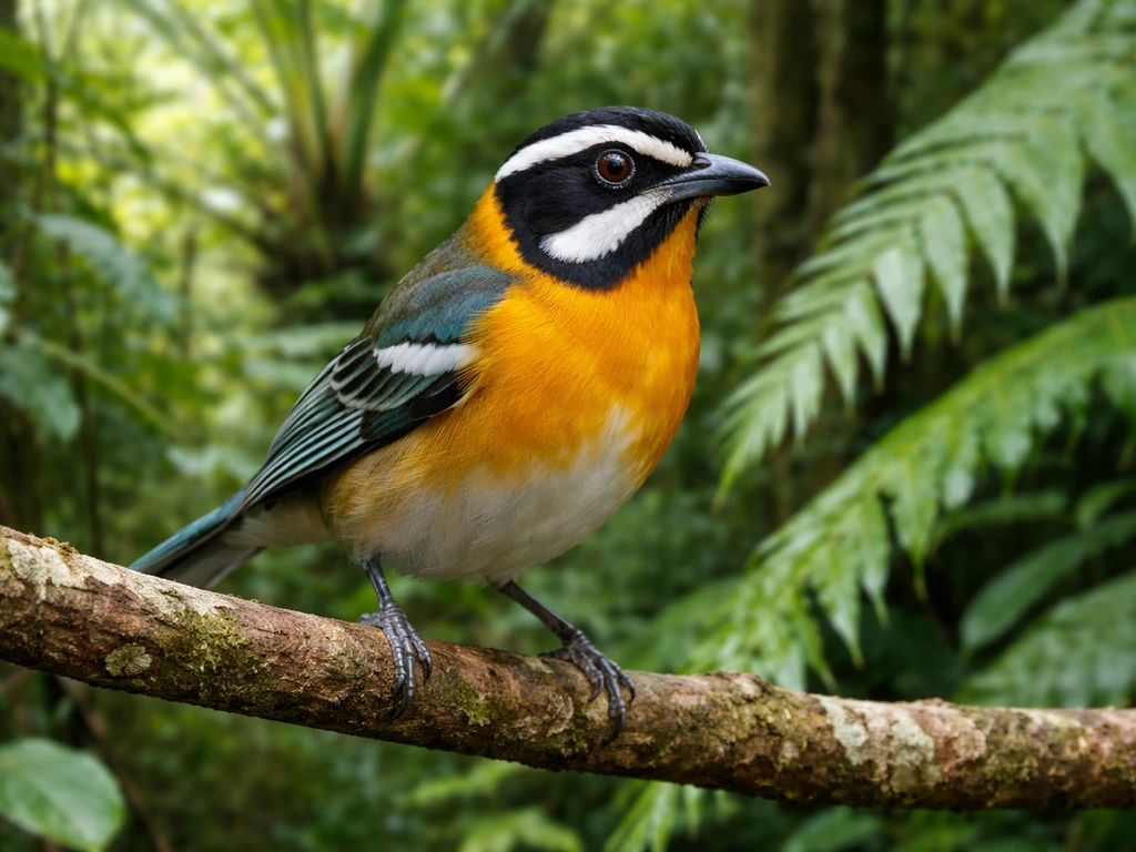 Majestic Puerto Rican spindalis (reina mora) close-up perched in lush rainforest greenery.
