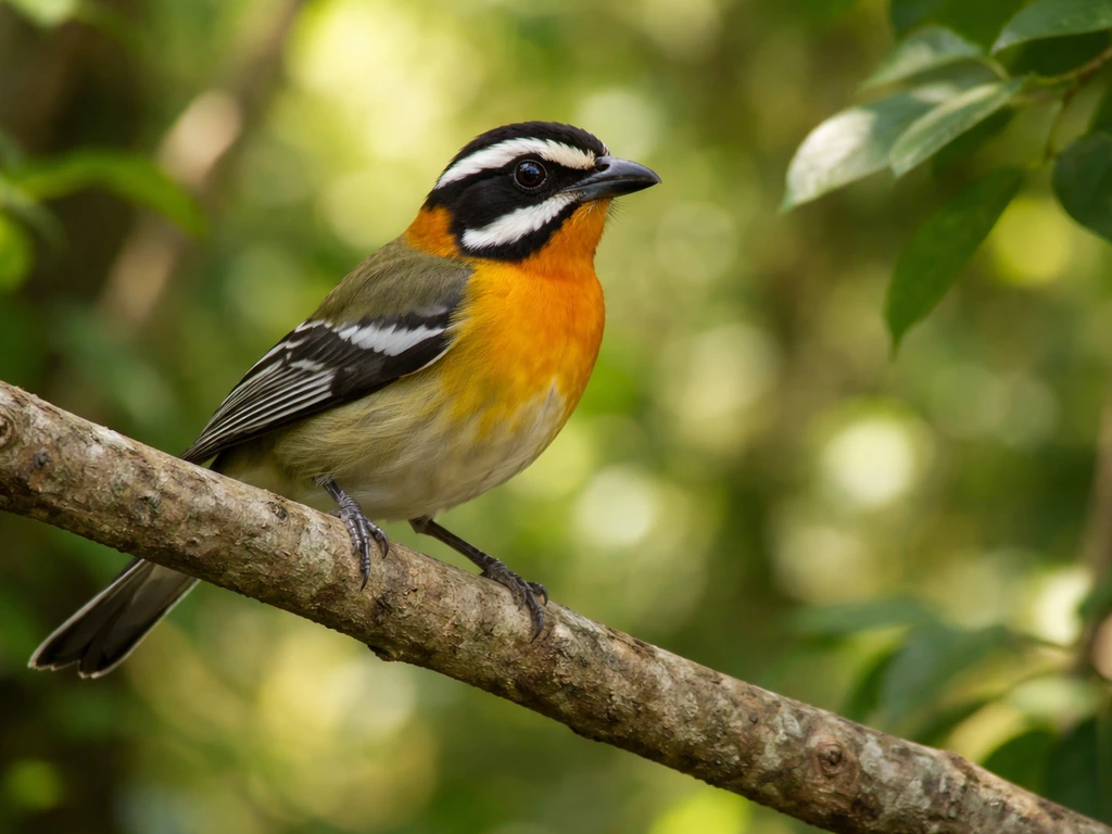 Puerto Rican spindalis (reina mora) perched on a branch in lush Puerto Rico woodland.