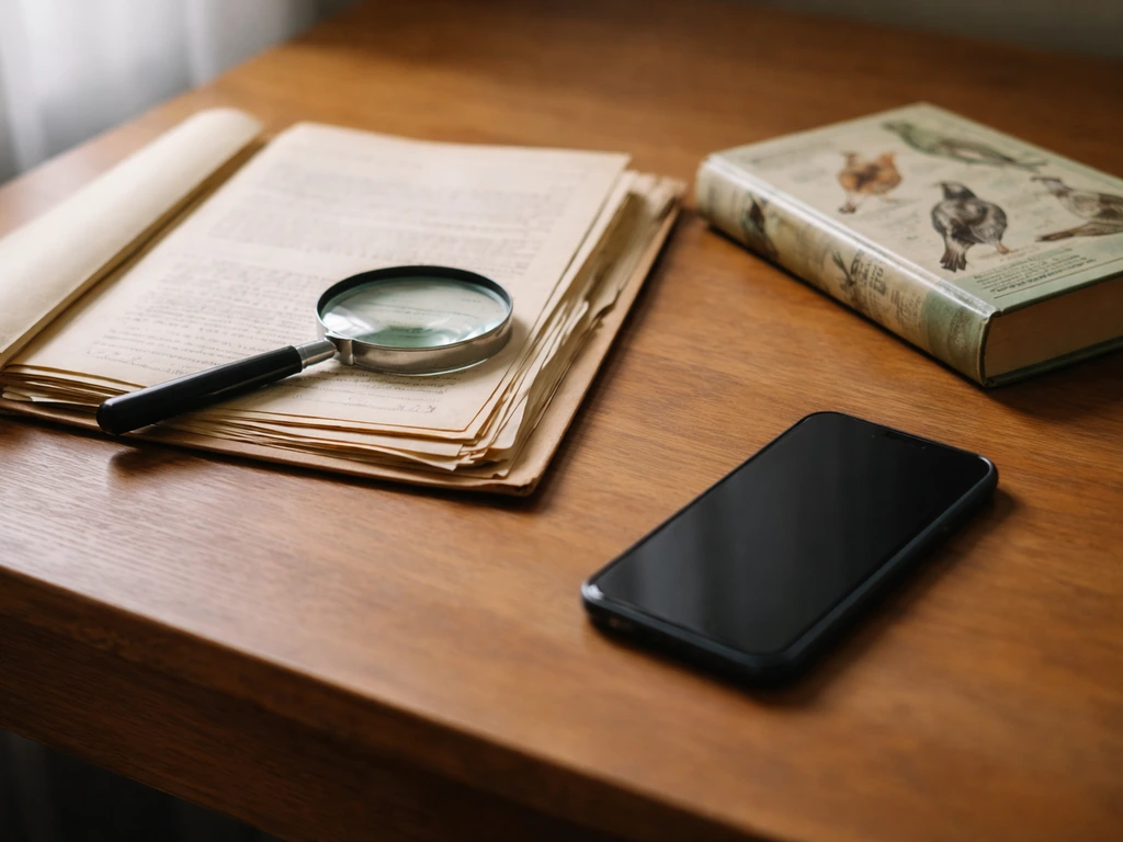 An open archival document, a bird field guide, and a magnifying glass on a wooden desk in natural light.