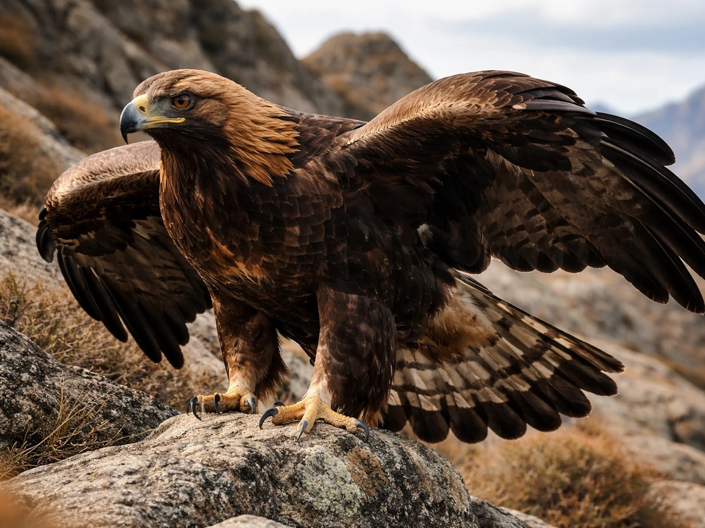 Close-up of a golden eagle perched on rocky terrain with barred tail and wings partially spread.