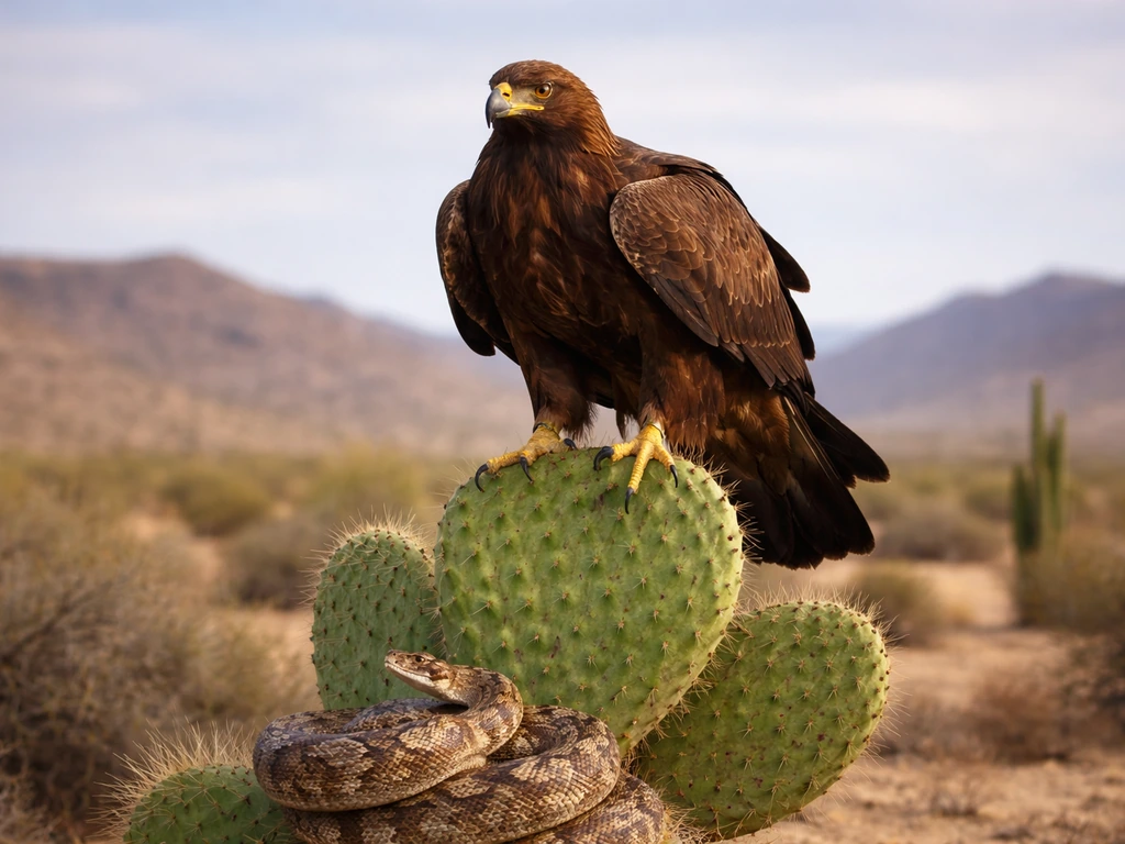 Golden eagle perched on a cactus with a snake, evoking Mexico’s national coat of arms.