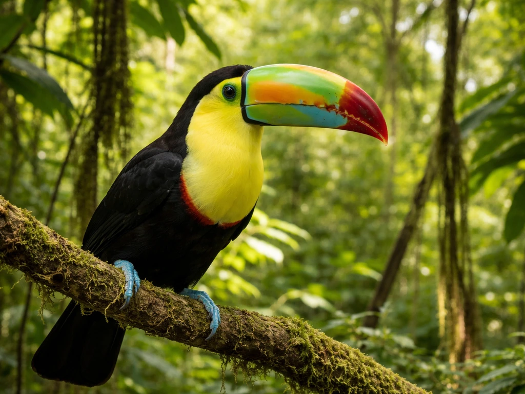 A vivid keel-billed toucan perched in a lush Belize rainforest canopy