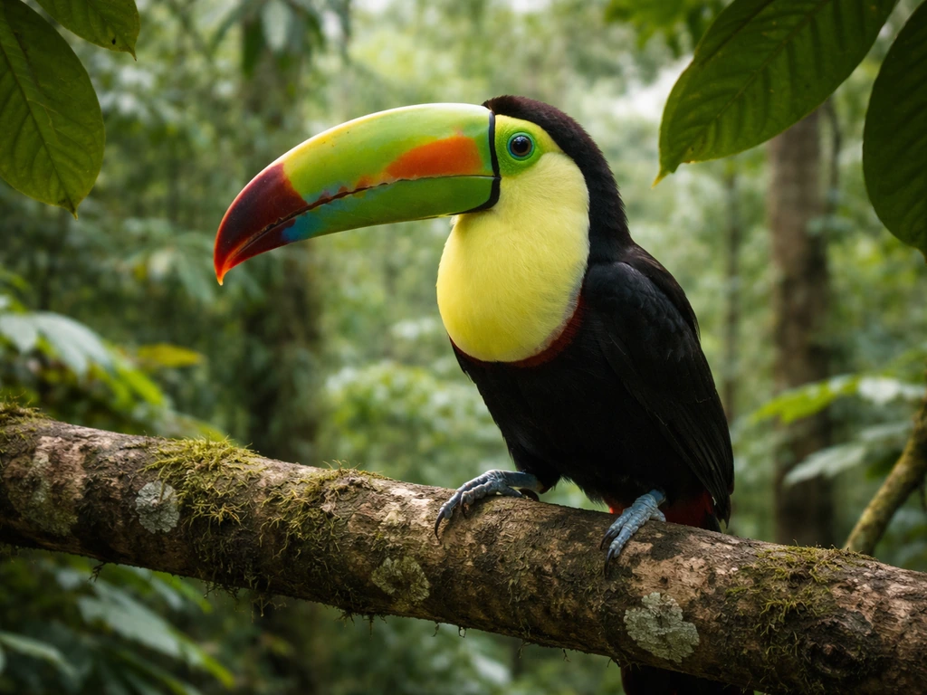 A Keel-billed toucan perched in Belize rainforest, its colorful large bill dominating the photo.