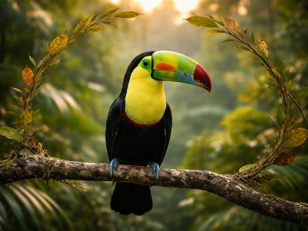 Keel-billed toucan perched in a lush rainforest with a subtle emblem-like oval of leaves around it.
