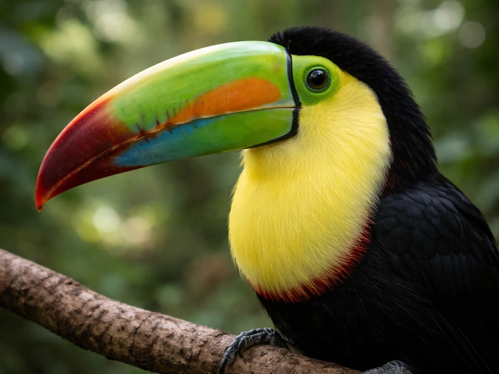 Close-up of a Keel-billed Toucan showing its distinctive keel bill and colorful markings on a branch.