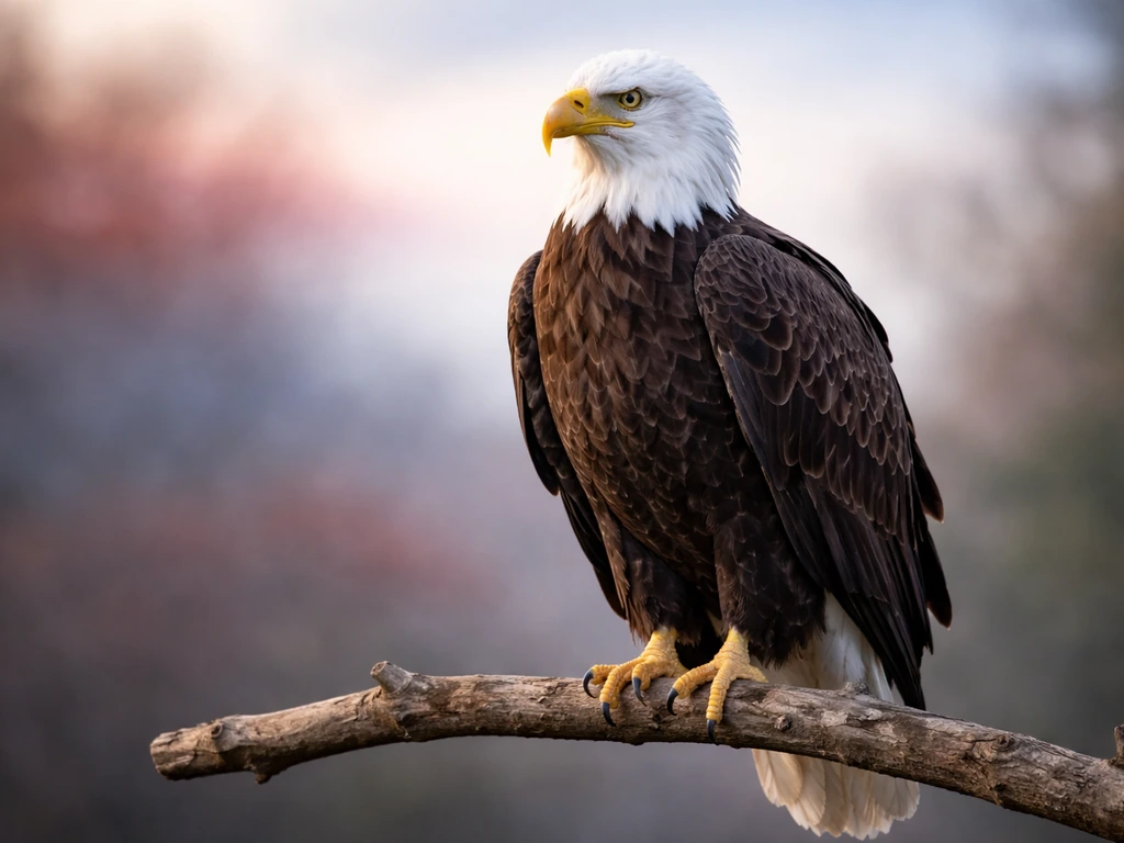 Bald eagle perched with subtle US-inspired colors in the background, symbolic and minimal.