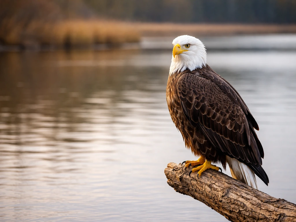 Bald eagle perched on a branch near a calm river, sharp feather detail and blurred natural background.
