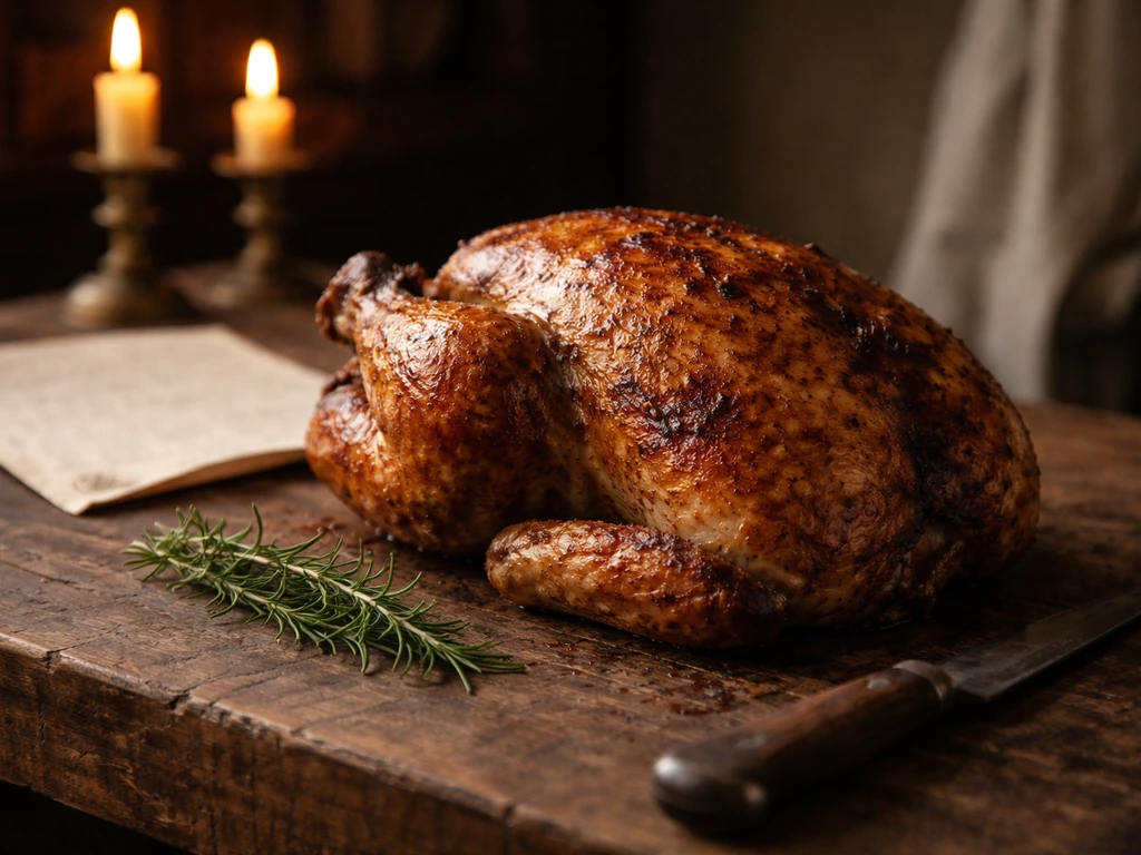 Roasted turkey on a rustic table with soft historical candlelit background, no people or text.