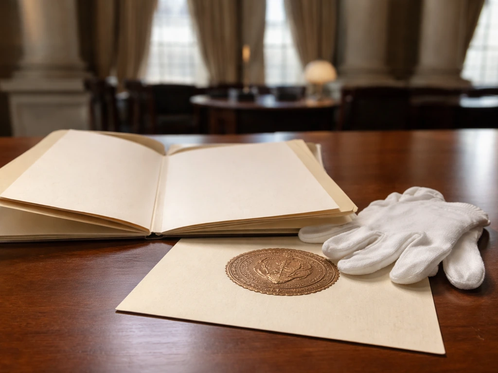 Gloved hands and archival materials on a desk, with a bronze seal impression in view