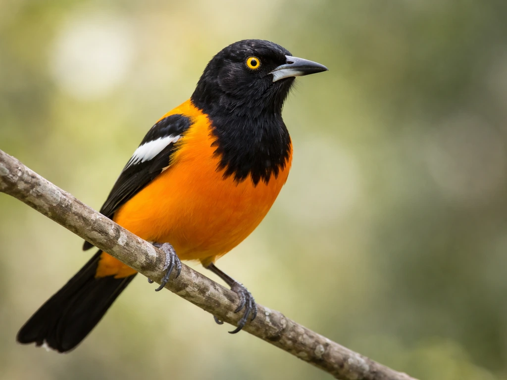 Vivid orange-and-black Venezuelan troupial perched on a branch against a blurred natural background.