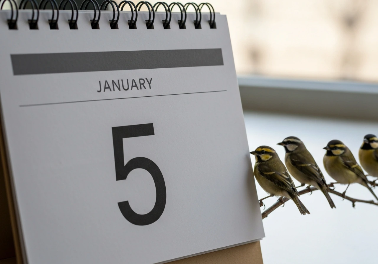 A January calendar page with a date marker and a few small birds perched nearby.