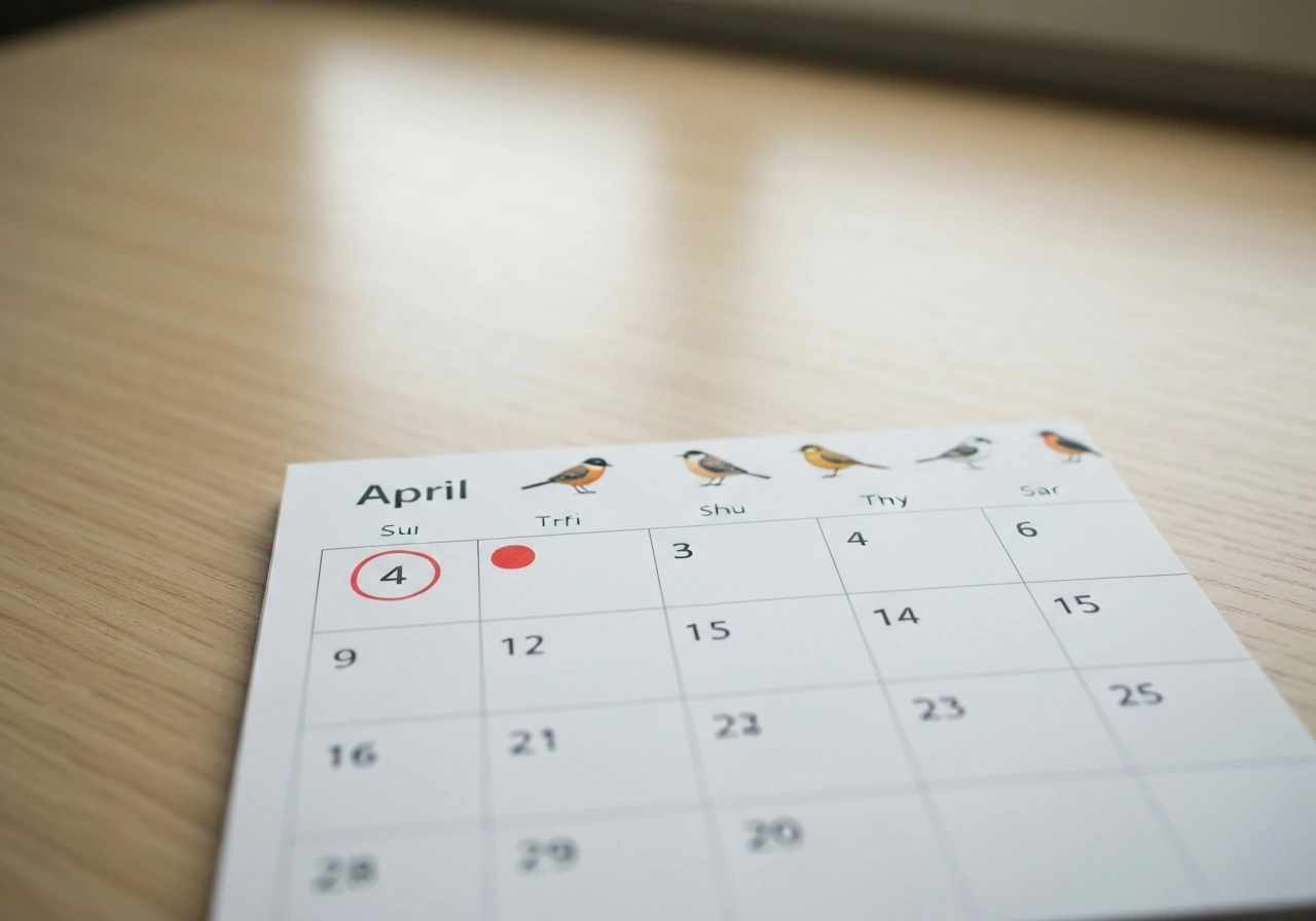 April 4 highlighted on a calendar page with small birds in the margin.