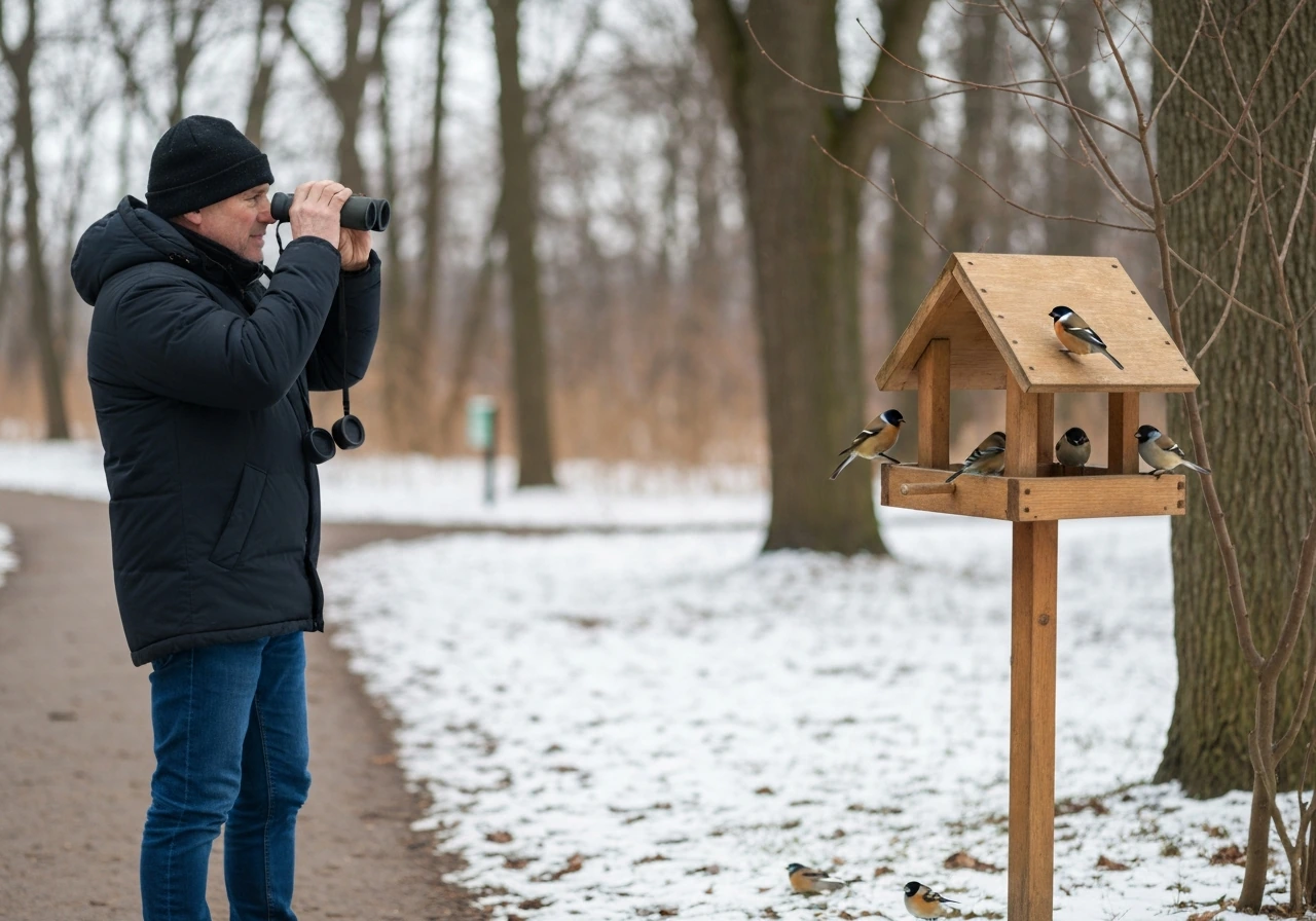Person bird-watching on January 5 beside a winter feeder with small birds on a calm park trail