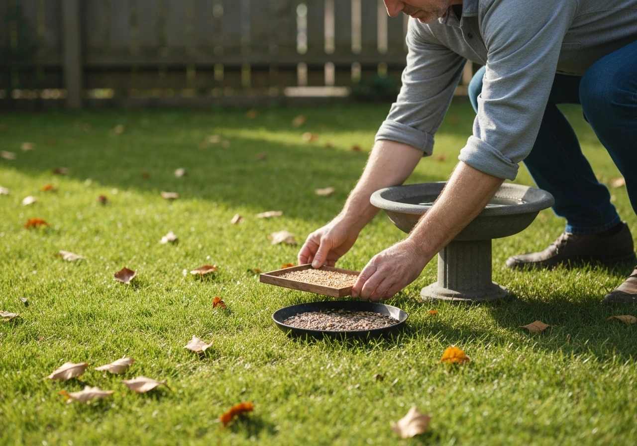 Person in a backyard setting a bird feeder and birdbath with fresh seed and water