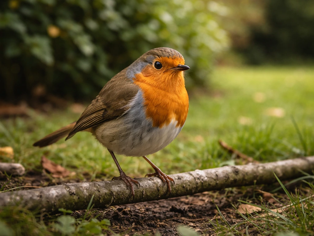 Red robin perched on a branch in a British garden with a green hedgerow background.