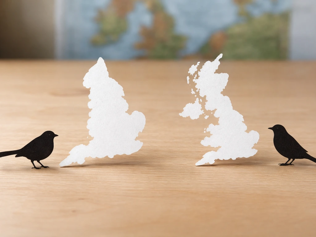 Two simple cutout maps of England and the UK with different bird silhouettes to suggest differing meanings.