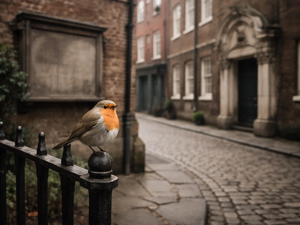 A robin perched on a railing in an early-18th-century London street, with subtle robin motifs on nearby décor.