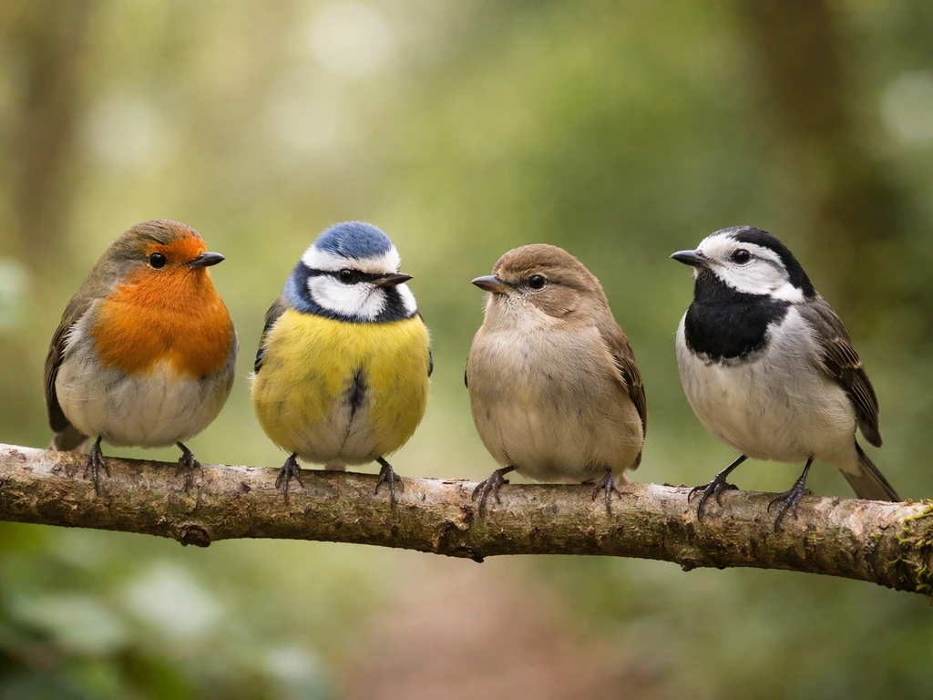 Four small British birds perched on a branch in soft woodland light, illustrating robin lookalikes.