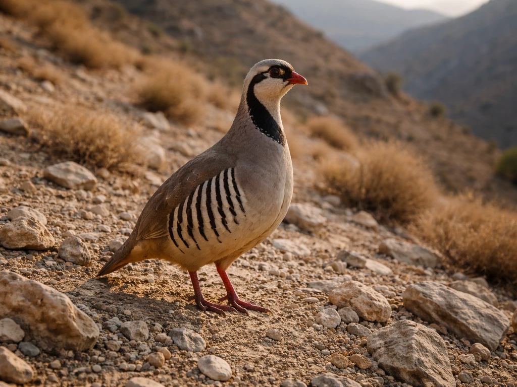 Chukar partridge standing on rugged rocky highland terrain in dry hills at golden hour.