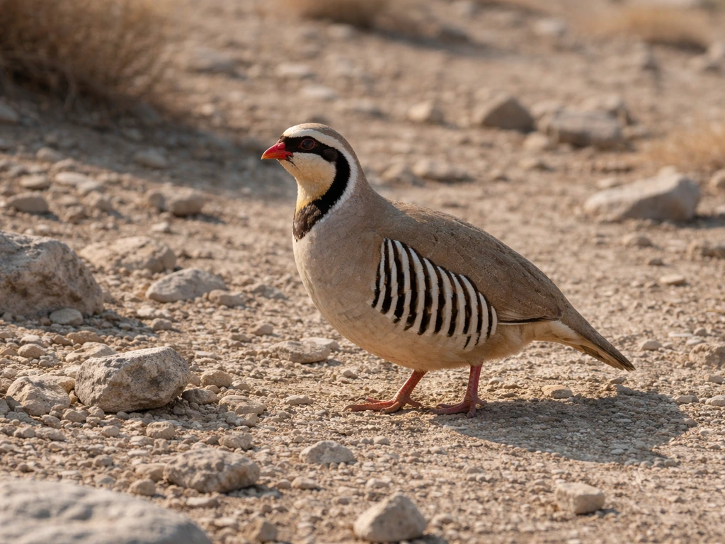 A chukar partridge with sandy-brown plumage and bold black face markings on rocky ground
