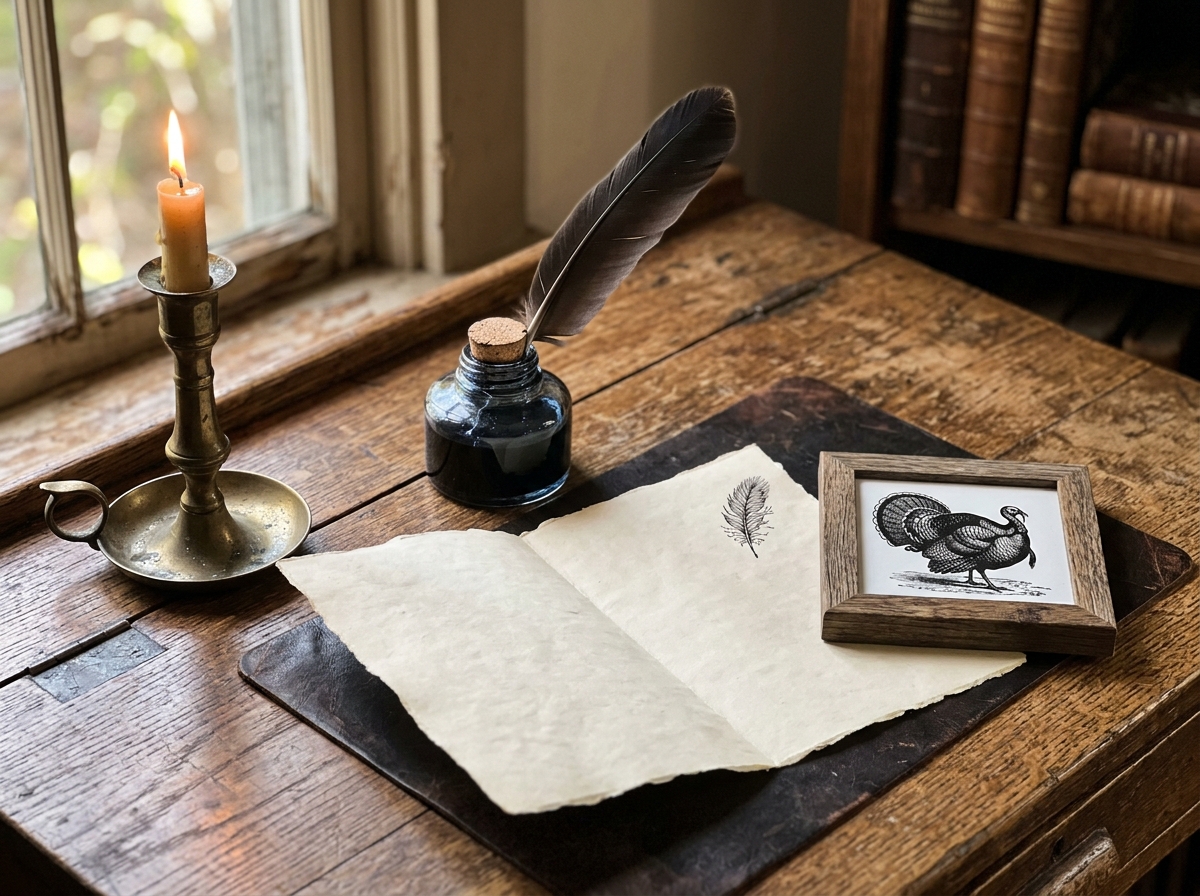 Benjamin Franklin’s writing desk with quill and parchment referencing the turkey story