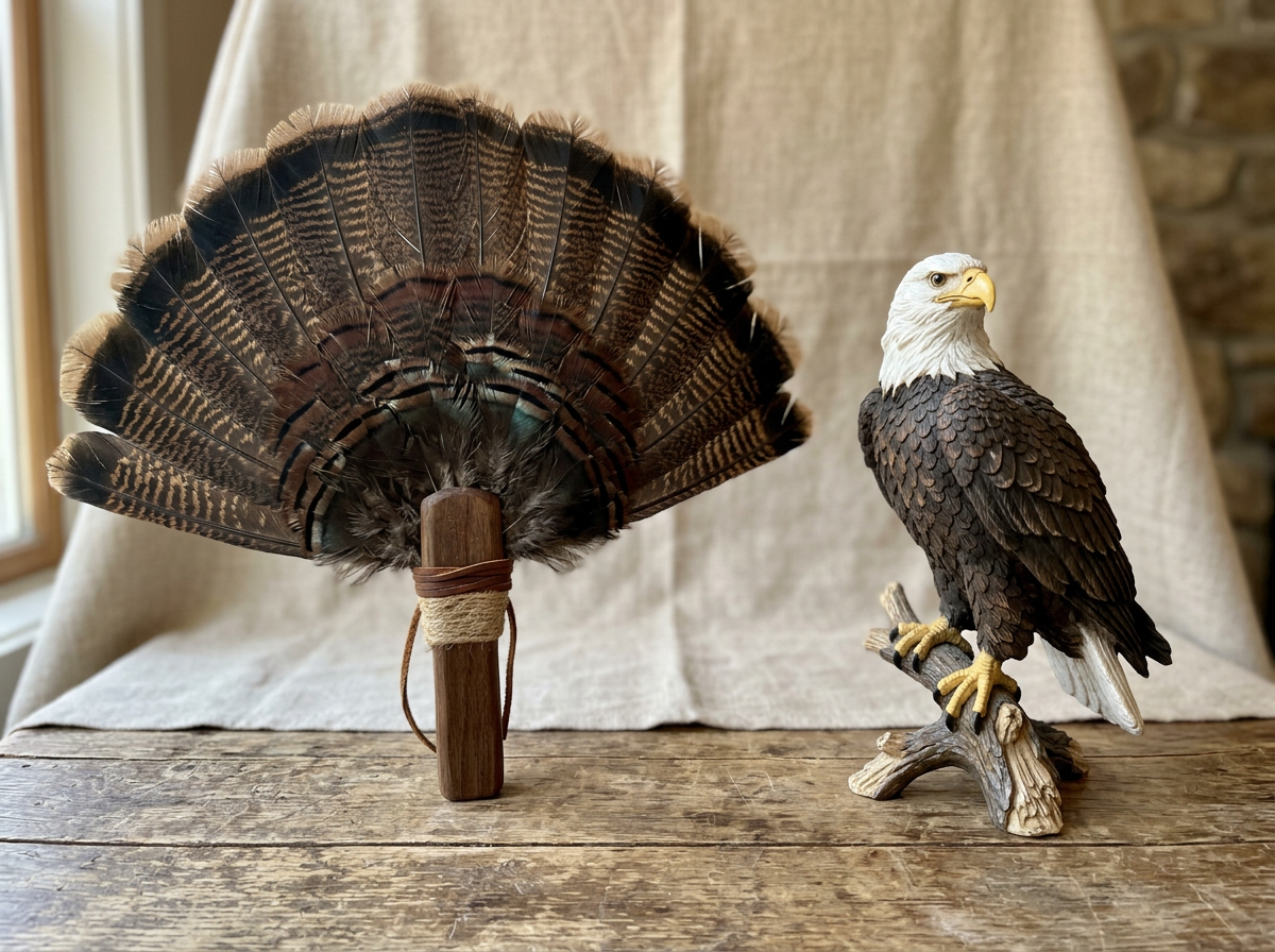 Side-by-side display of wild turkey and bald eagle figures as national symbols