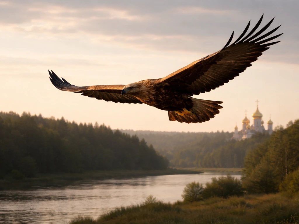 Golden eagle flying over a calm Russia-themed landscape with soft church domes in the distance.