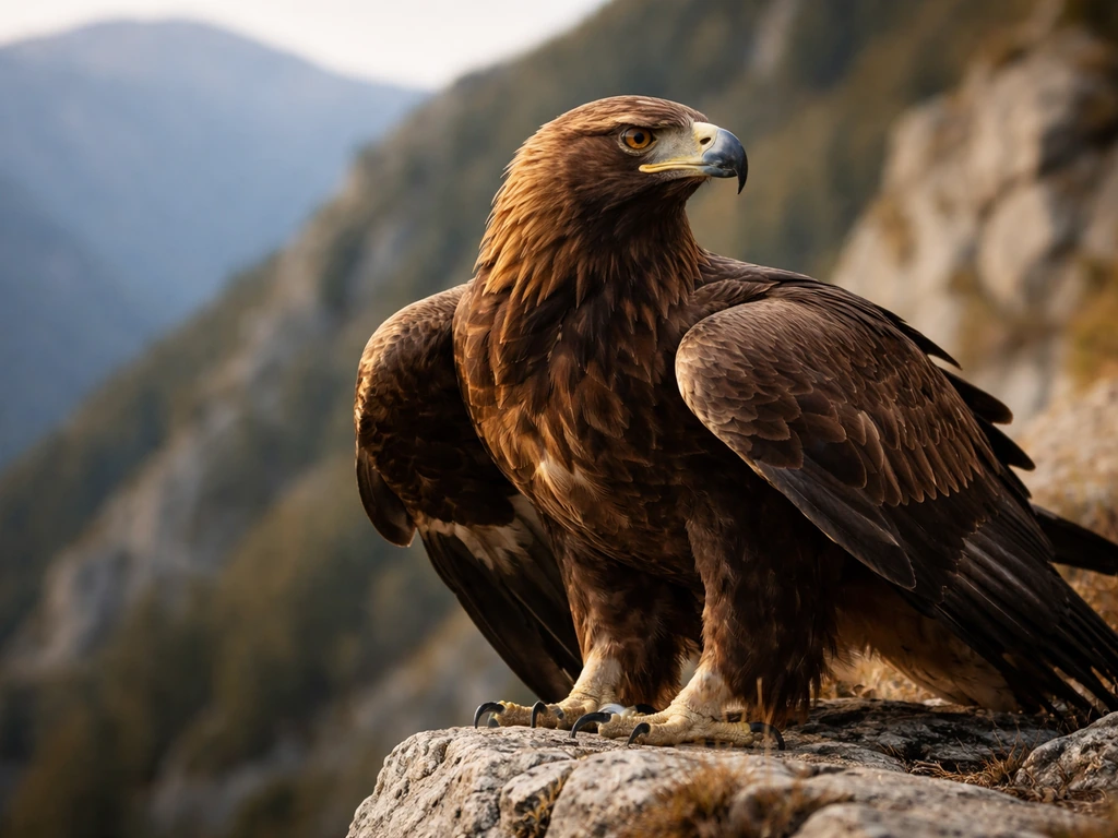 Golden eagle perched on a rocky ledge, close-up view of its head and spread wings