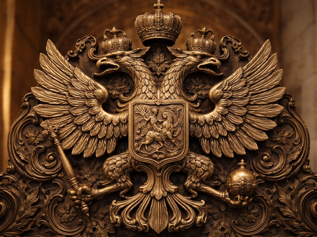 Close-up of an ornate double-headed eagle crest detail with intricate patterns, softly lit background.
