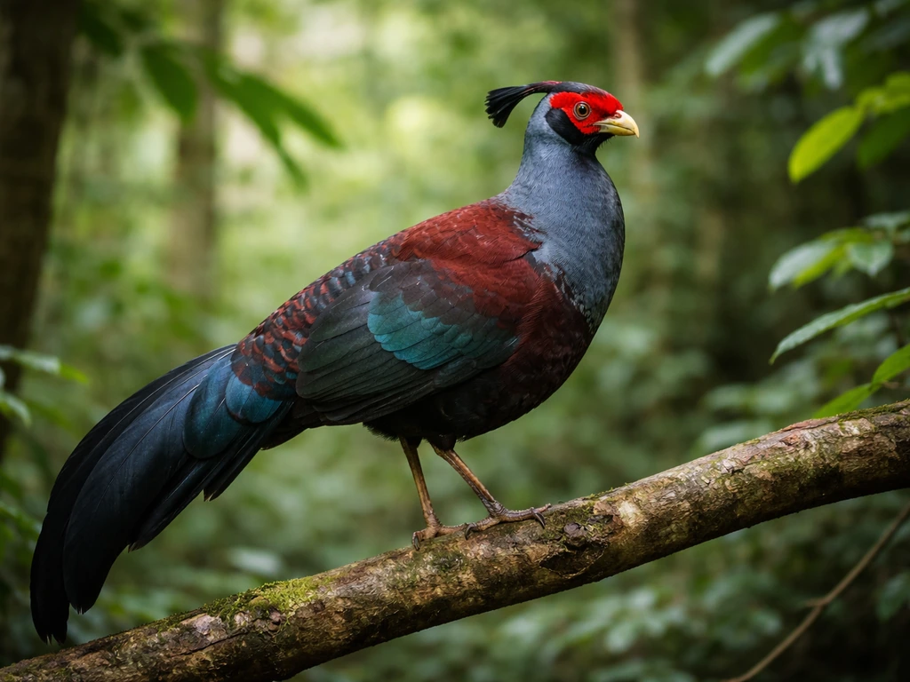 Siamese fireback perched on a branch in a Thai forest, iridescent feathers catching natural light.