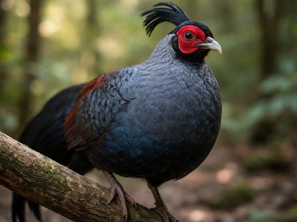 Close-up of a male Siamese fireback with iridescent slate-blue/grey feathers and vivid red face.