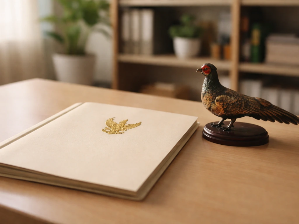 Thai conservation office desk with the national bird documentation folder and a small pheasant figurine